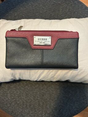 GUESS Black and Burgundy Zip-Around Logo Wallet